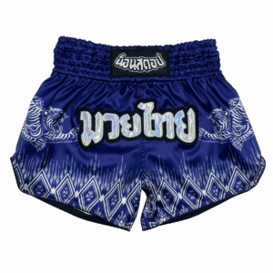 Custom Muay Thai shorts by Non Stop Sewing in Blue - tiger design